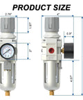 Half Inch NPT Air Filter Regulator Combo Piggyback With 5 Micron Brass Element Semi Auto Drain 0 To 145 PSI Gauge front and side view