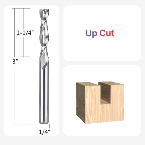 Pro Grade Five Piece Up Cut Spiral Router Bits Set With One Quarter Inch Shank And One Quarter Inch Cutting Diameter diagram
