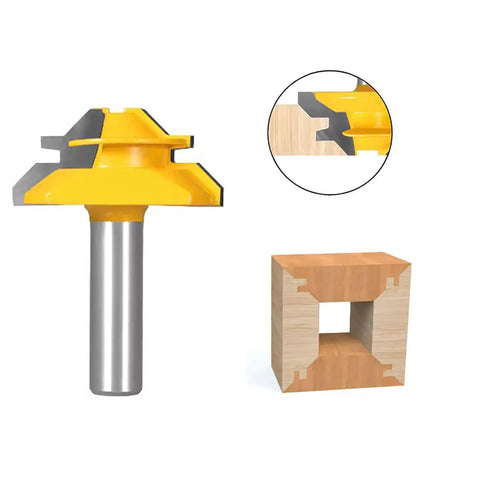 Killer 45 Degree Lock Miter Router Bit Set With Half Inch Shank And Hardcore Carbide Blades For Woodworking Joints cutting profile with wood joint.