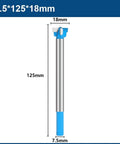 Front view of a carbide-tipped drill bit with hex shank, 125 mm long and 18 mm diameter, blue handle.