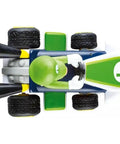 Top view of Carrera RC Nintendo Mario Kart 2.4 GHz Mini Collectible Radio Remote Control Toy Car Vehicle Luigi in clear display case.