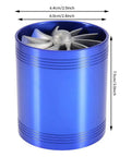Front view of Dual Turbine Air Intake System For Most Vehicles, Turbocharged Airflow Boost Kit, blue finish cylinder.