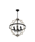 Six-Light Globe Farmhouse Chandelier in black metal with white distressed wood finish, hanging with an adjustable chain
