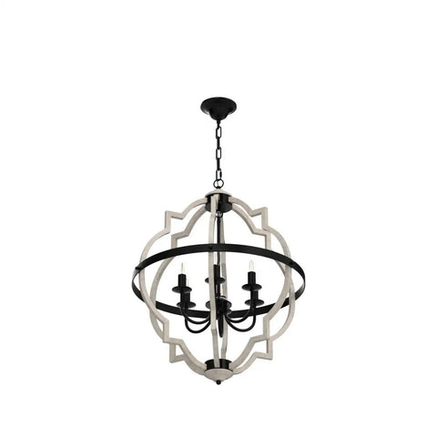 Six-Light Globe Farmhouse Chandelier in black metal with white distressed wood finish, hanging with an adjustable chain