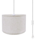 Plug In Pendant Light With 15 Foot Hanging Cord And Toggle Switch Natural Linen Drum Shade E26 Bulb Socket Modern Beige Fixture close-up view with inline switch.