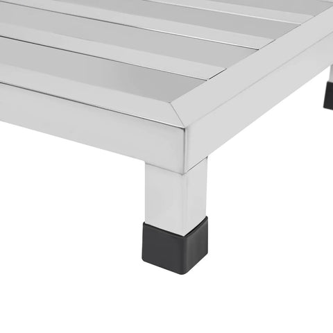 Close-up of Stainless Steel Dunnage Rack Set 2 Pack 14x14x4 Inches Heavy Duty Floor Racks 700lbs Capacity Each Anti Slip Footpads Ideal For Restaurant Kitchen Warehouse Silver.
