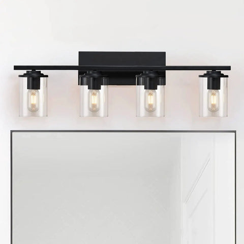 Dope Four Light Matte Black Vanity Lights With Clear Glass Shades Over Mirror, Up Or Down Install Boosts Brightness And Style