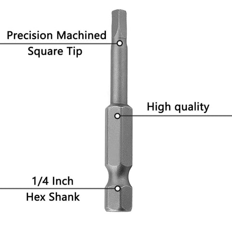 12 Piece One Quarter Inch Hex Shank Square Tip Bit Set With Magnetic Square Head Bits SQ5 SQ4 SQ3 SQ2.75 SQ2 SQ1, S2 Steel
