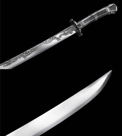 Dragon-etched detailed view of Hand Forged Qing Dynasty Dao Sword With High Manganese Steel Blade And Alloy Fittings