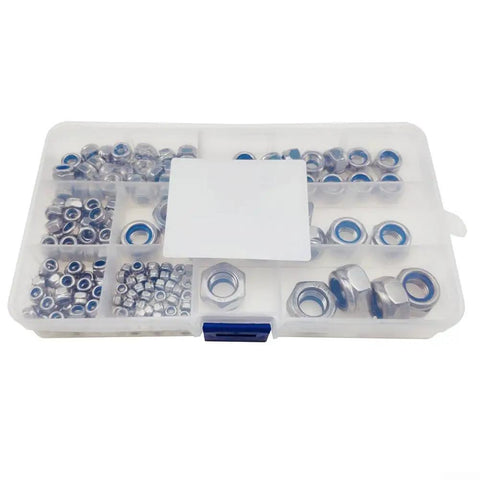 Badass 304 Stainless Steel Hex Lock Nuts Kit 170 Count Nylon Insert Fastener organized in clear storage box.