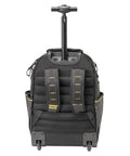 Pro Rolling Tool Backpack On Wheels With IP54 Weatherproof Compartment And Rugged 1680D Fabric, rear view with handles extended.