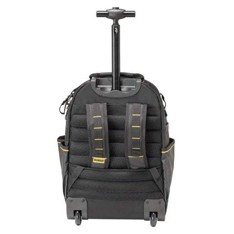 Pro Rolling Tool Backpack On Wheels With IP54 Weatherproof Compartment And Rugged 1680D Fabric, rear view with handles extended.