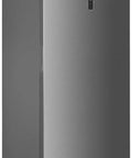 Hella Roomy 21 Point 2 Cu Ft Convertible Upright Freezer Refrigerator With Glass Shelves Reversible Door in stainless steel finish.