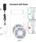 32.8 Ft RGB WiFi LED Light Strip With Alexa And Google Assistant connection diagram, showing power adapter, controller, and LED rolls.