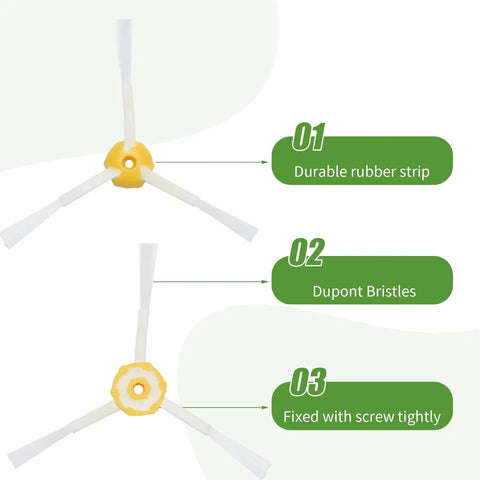 Replacement Accessories Kit For Roomba 500 And 600 Series Vacuum Cleaners with side brushes featuring durable rubber strip and Dupont bristles.