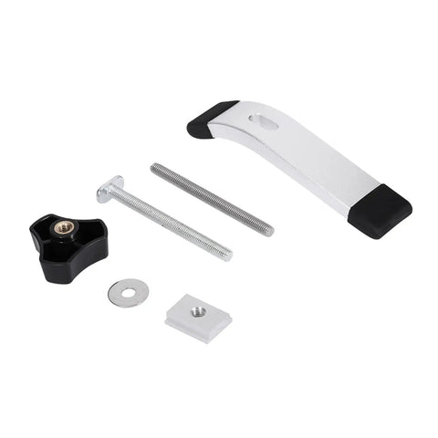 No Nonsense Quick Acting T Track Hold Down Clamp Set For Woodworking components with metal clamp, bolts, knob, washer, pressure plate