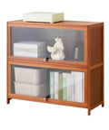 Two Tier Bamboo Desk Book Shelf With Hovering Clear Plastic Door Organizer Rack, showcasing storage for decor and files.
