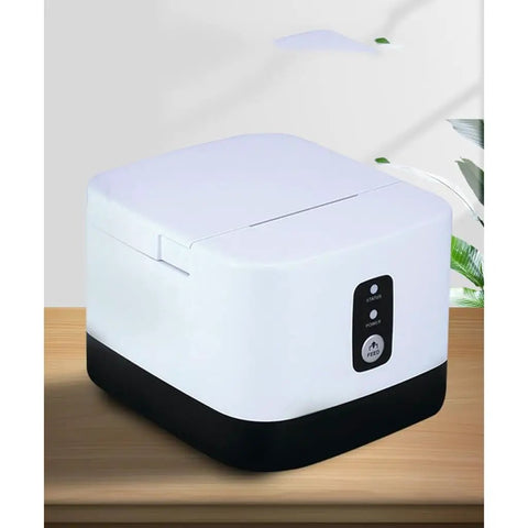 HBCDAAQ 58mm Portable Bluetooth Thermal Label Printer With Clear High Speed Printing For Clothing Hang Tags Milk Tea Shop Takeaway Packaging Wireless Mini Sticker Machine Easy Paper Loading on wooden table.