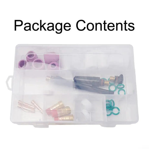All In One 31 Piece TIG Torch Accessory Kit For WP-17 WP-18 WP-26 With Stubby Gas Lens Size 12 Glass Cup and aperture contents