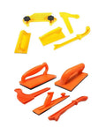 Orange Table Push Block And Push Stick For Routers, Jointers, And Table Woodworking Tools, array of tools on white background
