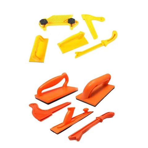 Orange Table Push Block And Push Stick For Routers, Jointers, And Table Woodworking Tools, array of tools on white background