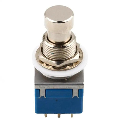 3PDT Nine-Pin Box Stomp Foot Switch For Guitar Effects Pedals True Bypass Metal Build, close-up of metal switch with blue base