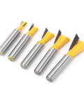 Pro Grind Five Piece Dovetail Router Bit Set Delivers Slick Cuts For Cabinets Door Frames And Ceiling Lines Heavy Duty Woodworking End Milling Cutter with yellow tips and silver shafts.