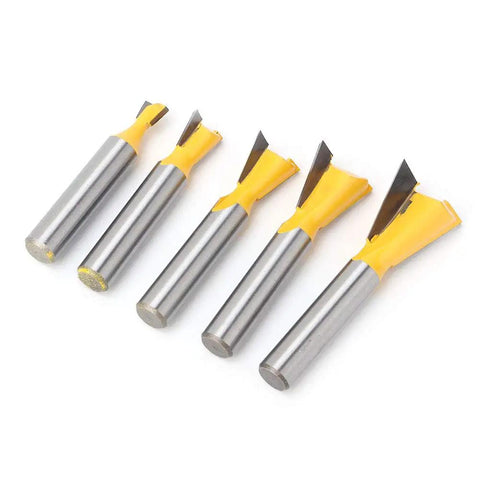 Pro Grind Five Piece Dovetail Router Bit Set Delivers Slick Cuts For Cabinets Door Frames And Ceiling Lines Heavy Duty Woodworking End Milling Cutter with yellow tips and silver shafts.
