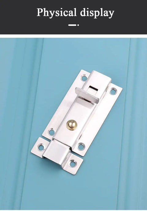 Heavy Duty Stainless Steel Gate Latch Rock Solid Sliding Spring Barrel Bolt With Brass Push Button on blue door.