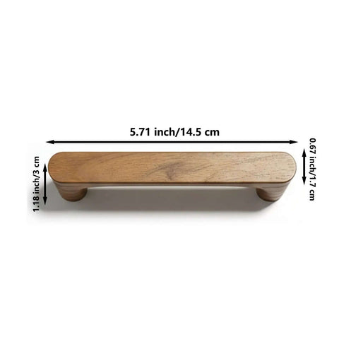 5 Inch Wood Drawer Pulls For Cabinet Walnut Finish 4 Pack With Mounting Screws Easy Install, close-up of wooden handle with measurements
