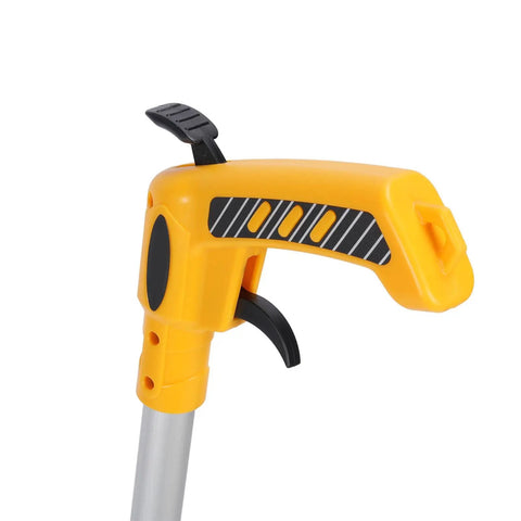 Close-up of the handle of Jauarta Foldable Accurate Measuring Wheel for Work Projects 0-9999.9m, featuring yellow color and trigger.