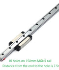 MGN7 150mm linear rail guide with MGN7H carriage block, 10 holes, for 3D printers, CNC machines, close-up view.