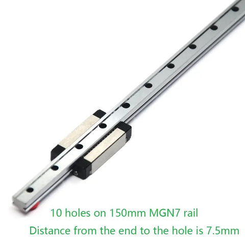 MGN7 150mm linear rail guide with MGN7H carriage block, 10 holes, for 3D printers, CNC machines, close-up view.