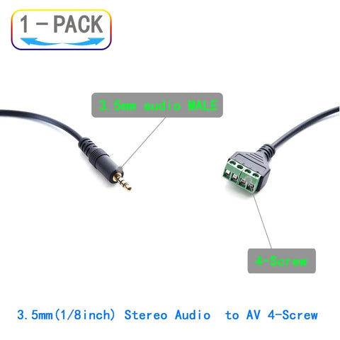 No Hassle 3.5Mm TRRS Speaker Adapter connects headphones to solderless terminal, featuring 3.5mm male jack and 4-screw terminal.