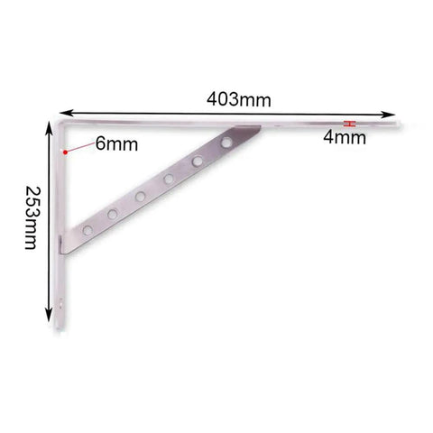 Rock Solid 2 Pack Triangle Shelf Brackets Crafted From Heavy Duty Stainless Steel Featuring A Slick Brushed Silver Finish and integrated mounting holes, 403mm x 253mm.