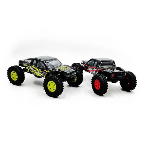 Juice Up Four By Four One Eighteen Scale RC Crawler Pro Brushless Power System with yellow and red wheels, two models shown