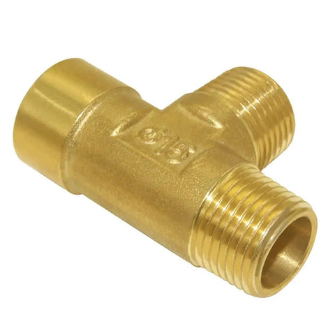 Front view of Brass Pipe Fitting Tee 3 Way NPT 1/2 In Male X 1/2 In Male X 1/2 In Female Hose Fitting For Plumbing
