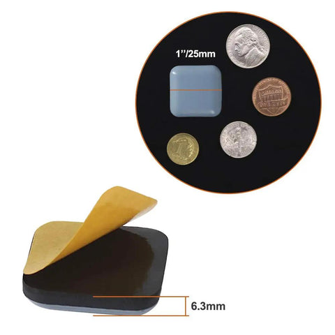 Heavy Duty Teflon Furniture Sliders For Carpet And Hardwood With 20 One Inch Square Sticky Glides next to coins for size reference.