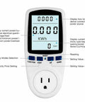 Plug In Watt Meter Power Monitor with Backlit Display, showing screen and buttons for real-time tracking of power, voltage, and energy use.