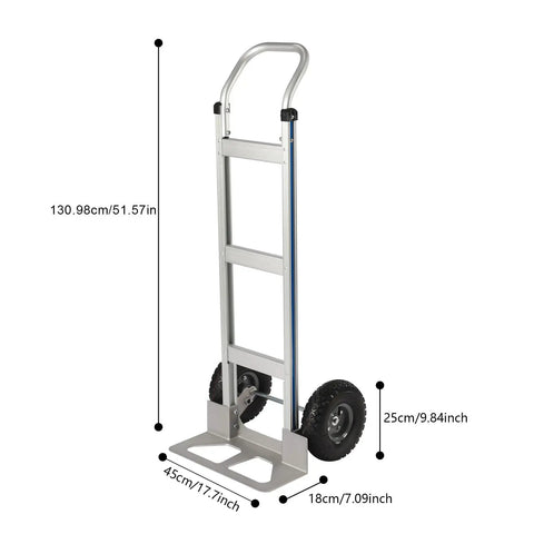 Rugged Aluminum Folding Hand Truck And Rolling Dolly Cart With 500 Pound Capacity and 10 inch wheels, measuring 130.98cm in height.