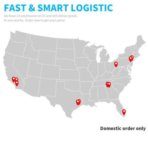 Map showing 10 US warehouses for fast and smart logistics with highlighted locations for domestic order delivery.
