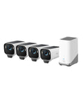Outdoor Solar Powered Wireless 4K Security Camera Kit With MaxColor Night Vision and local storage, showing four cameras and hub.