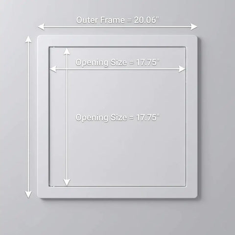 Heavy Duty Plastic Access Panel For Drywall 18x18 Inch Removable Wall Door with dimensions 20.06" outer frame and 17.75" opening.