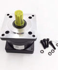 Planetary gearbox 20:1 gear head, NEMA 34, yellow 1/2" input shaft, silver mounting plate, screws and washers front view