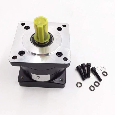 Planetary gearbox 20:1 gear head, NEMA 34, yellow 1/2" input shaft, silver mounting plate, screws and washers front view