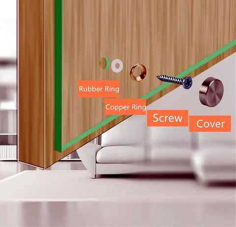 Slick Decorative Mirror Screws With Stainless Steel Caps And Solid Fasteners For A Clean Wall Trim Look That Is Hella Secure And Built Tough For Any Home Upgrade Project showing rubber and copper rings, screw, and cover on wood panel.