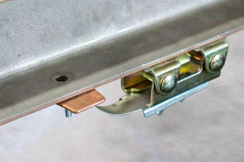 AGK320 Hole Plug Magnet for Hands Free Welding With Pivoting Magnetic V Pad Base installed on steel panel
