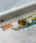 Hole Plug Magnet XL Hands Free Weld Tool with Pivoting Magnetic V-Pad Base, Spring Loaded Arm, and Copper Pad in use