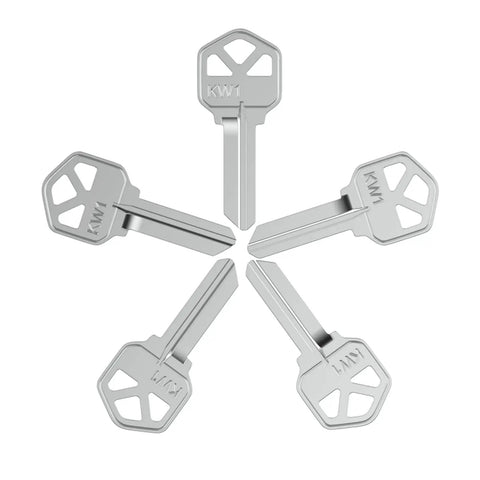 Premium Copper Key Blanks Pack Of 50 For Locksmiths And DIY Projects, five KW1 blank keys in a star pattern
