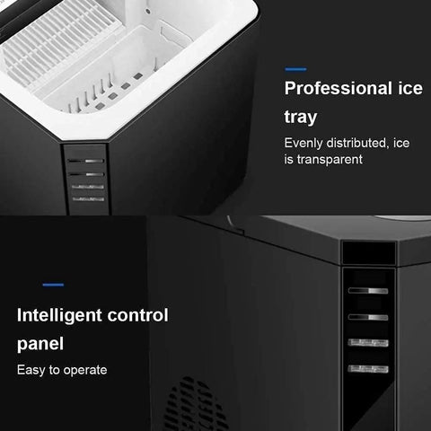 Portable Countertop Ice Maker Machine 11kg Black Electric Nugget Ice Maker With Auto Clean And Big View Window, showing ice tray and control panel.